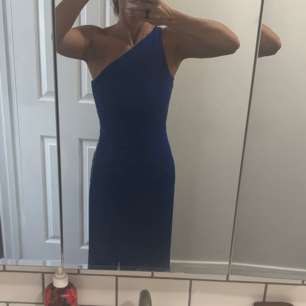 Cobalt blue sequined floor length gown